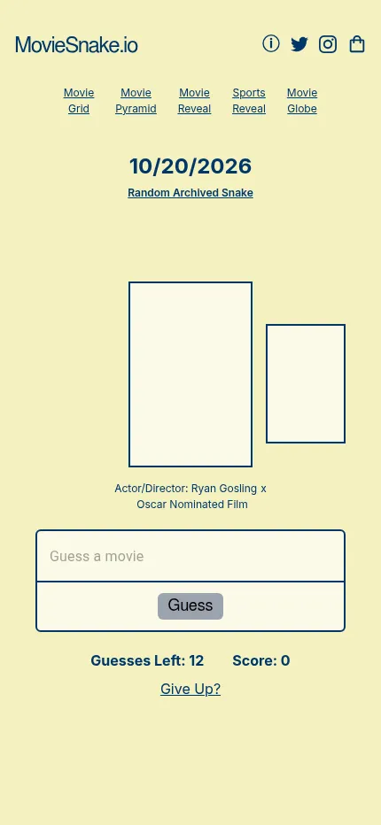 Movie Snake on a phone: the 10/20/2026 snake opens on an empty poster panel between the clues Ryan Gosling and Oscar Nominated Film, with the movie search box and 12 guesses left