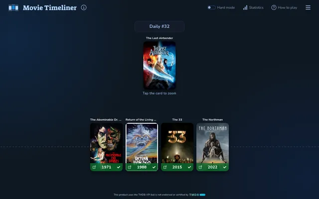 Movie Timeliner Daily #32 on a desktop: four films placed in order on the timeline, 1971 to 2022, each marked right, with The Last Airbender as the next card