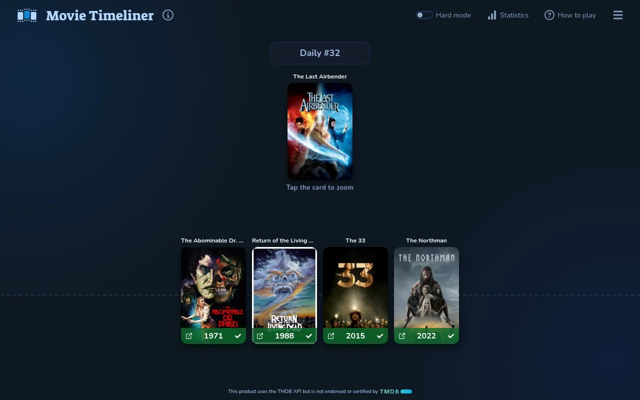 Movie Timeliner Daily #32 on a desktop: four films placed in order on the timeline, 1971 to 2022, each marked right, with The Last Airbender as the next card
