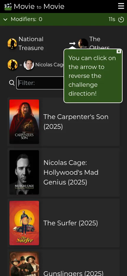 Movie to Movie on a phone mid-game: the path reads National Treasure to Nicolas Cage, with a list of Cage films to pick next and a tip about reversing the direction