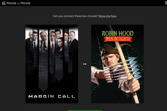 The day's Movie to Movie challenge: Can you connect these two movies? above the posters for Margin Call and Robin Hood: Men in Tights, joined by an arrow