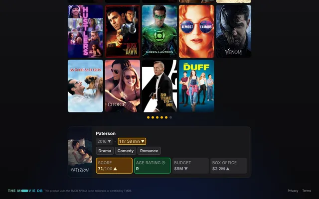 movie.wtf after a first pick: Paterson's clue card with year, runtime, genres, score, age rating, budget and box office in green, yellow or grey, under today's film posters