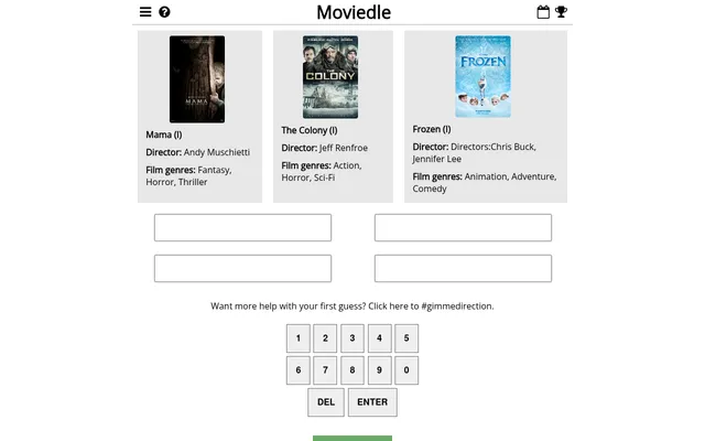 The Moviedle board at desktop size: posters for Mama, The Colony and Frozen with their directors and genres, empty guess boxes and the number keypad