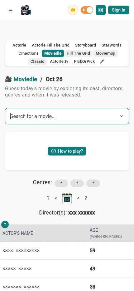 Moviedle's 26 October 2026 board at phone size: movie search box, hidden genres and director, and the masked cast with ages 59, 49 and 38.