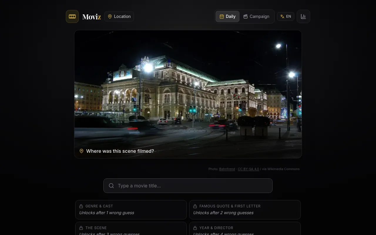 Moviz daily Location puzzle: a night photo of a large lit-up building at a tram crossing, captioned 'Where was this scene filmed?', with a movie title box and locked clues below