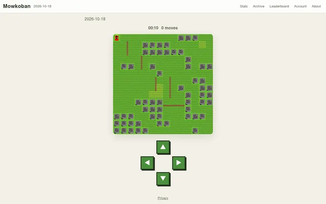 Mowkoban's lawn for 2026-10-18 on a desktop: a grass grid with the red mower in the top left, many grey rocks, brown fences, two patches of yellow tall grass and arrow buttons