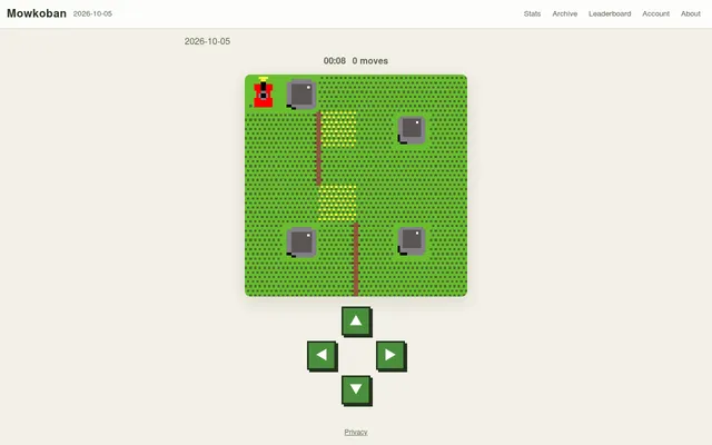 Mowkoban's lawn for 2026-10-05: a grass grid with a red mower in the top left corner, four grey rocks, two brown fences and two patches of yellow tall grass, a move counter and arrow buttons
