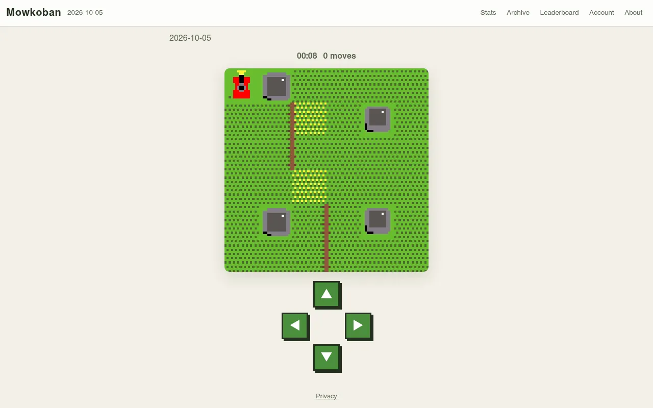 Mowkoban's lawn for 2026-10-05: a grass grid with a red mower in the top left corner, four grey rocks, two brown fences and two patches of yellow tall grass, a move counter and arrow buttons
