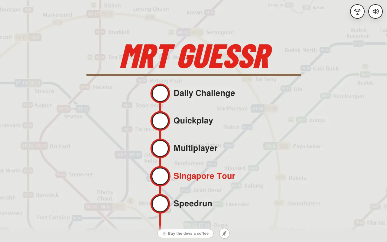 MRT Guessr main menu over a faded MRT map: Daily Challenge, Quickplay, Multiplayer, Singapore Tour and Speedrun