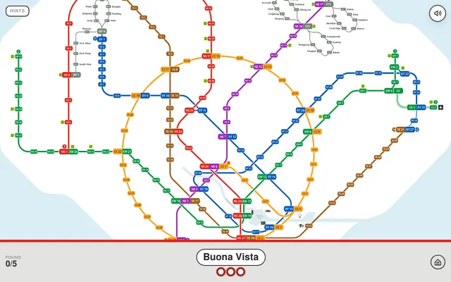 MRT Guessr Daily Challenge: Singapore's MRT map with station names removed and only line codes shown, asking for Buona Vista with three tries and 0 of 5 found