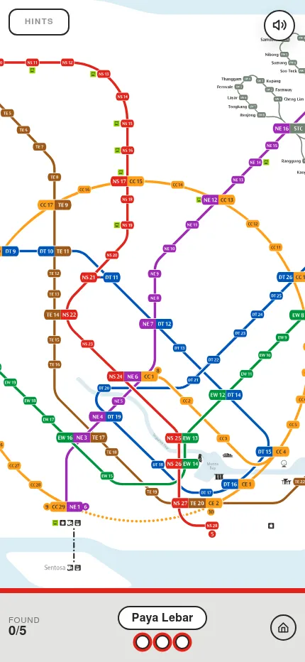 MRT Guessr Daily Challenge at phone size: the unlabelled MRT map in a tall view with Paya Lebar to find and three tries below