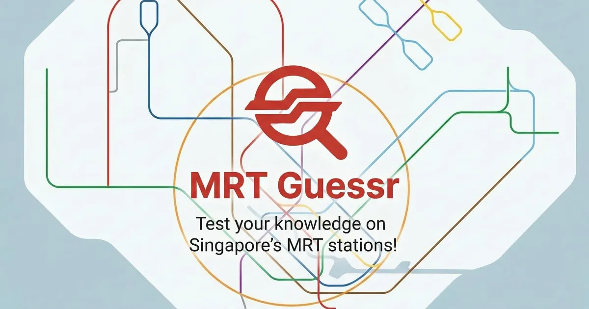 MRT Guessr logo, a red magnifying glass over coloured MRT lines, with the line Test your knowledge on Singapore's MRT stations