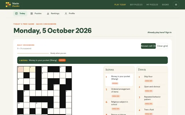 Mseto Crossword for Monday 5 October 2026: a 9 by 9 grid with Across and Down clues, each tagged English or Sheng