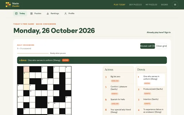 Mseto Crossword for Monday 26 October 2026: a 9 by 9 grid beside Across and Down clues, each tagged English, Sanifu or Sheng