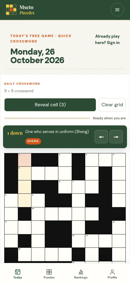 Mseto Crossword at phone size on 26 October 2026: the 9 by 9 grid under the active Sheng clue, with a tab bar for Today, Puzzles, Rankings and Profile