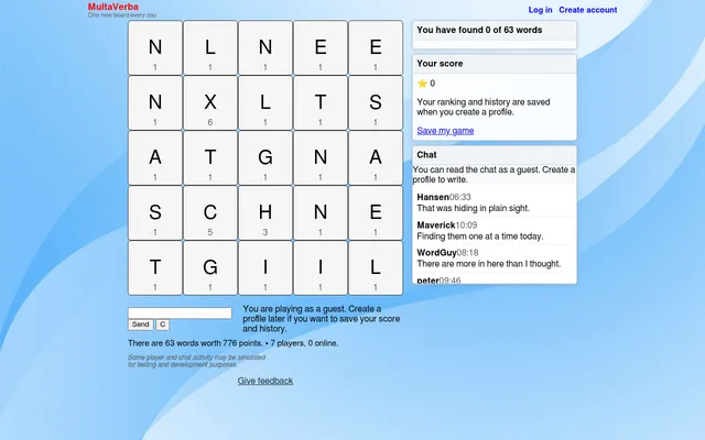 MultaVerba's daily board on a desktop: a five by five grid of letter tiles with their point values, the word field and Send button, the found-words and score panels and the chat
