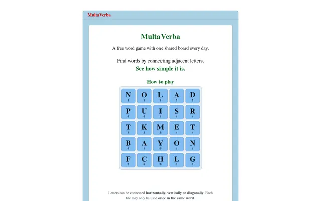 MultaVerba's front page: the title, the line A free word game with one shared board every day, and its how-to-play board of 25 blue letter tiles, each with its point value