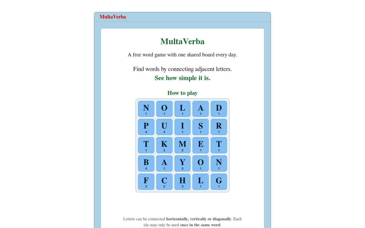 MultaVerba's front page: the title, the line A free word game with one shared board every day, and its how-to-play board of 25 blue letter tiles, each with its point value