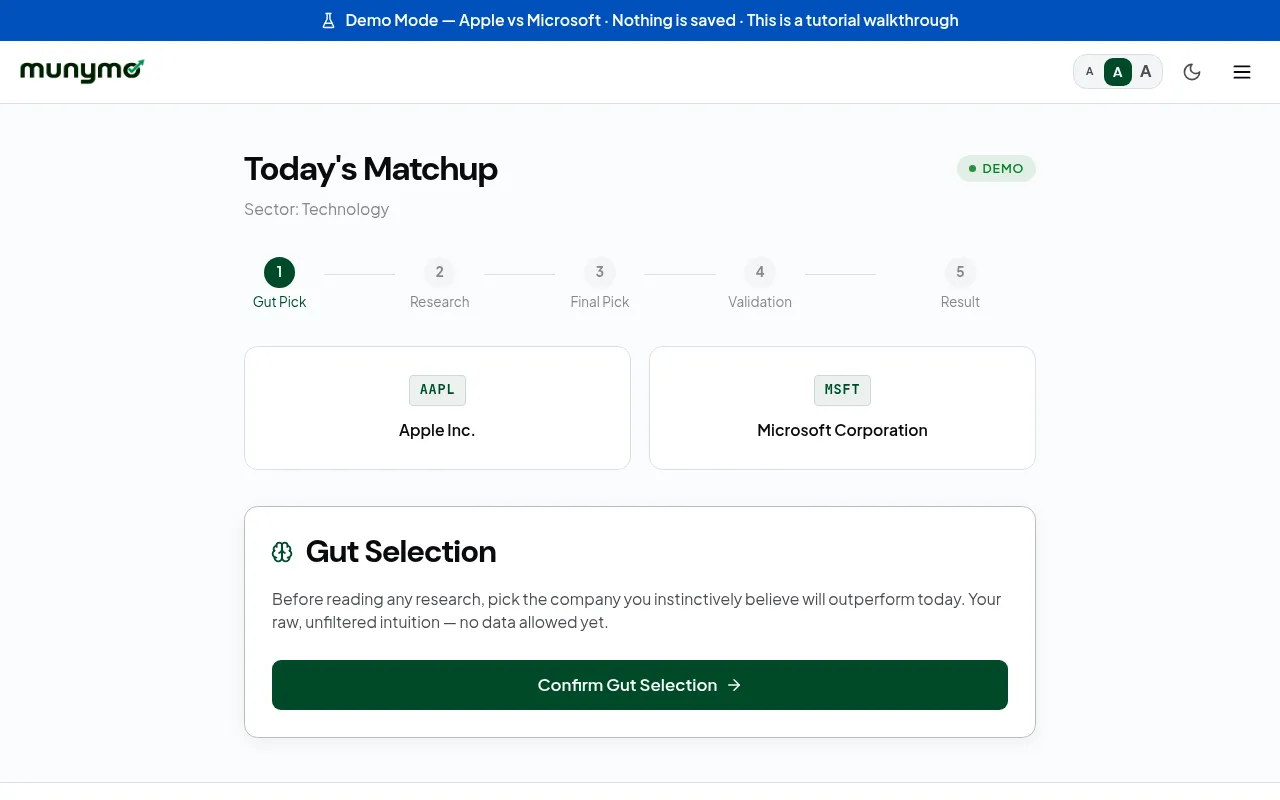 Munymo demo matchup of Apple (AAPL) against Microsoft (MSFT) at the Gut Selection step