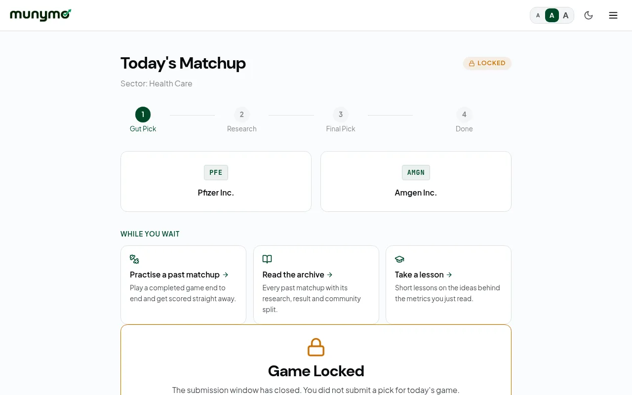 Munymo's Today's Matchup in the Health Care sector, Pfizer (PFE) against Amgen (AMGN), with the Gut Pick, Research, Final Pick and Done steps and the game locked