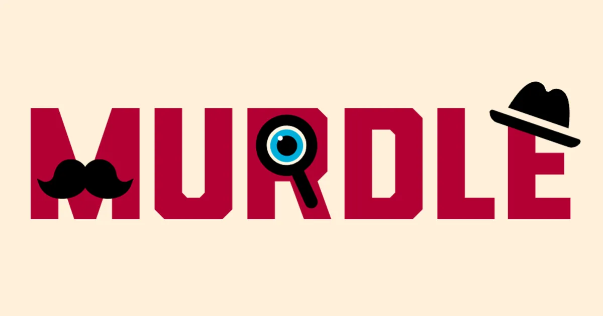 The Murdle logo in red letters with a moustache, a magnifying glass and a hat