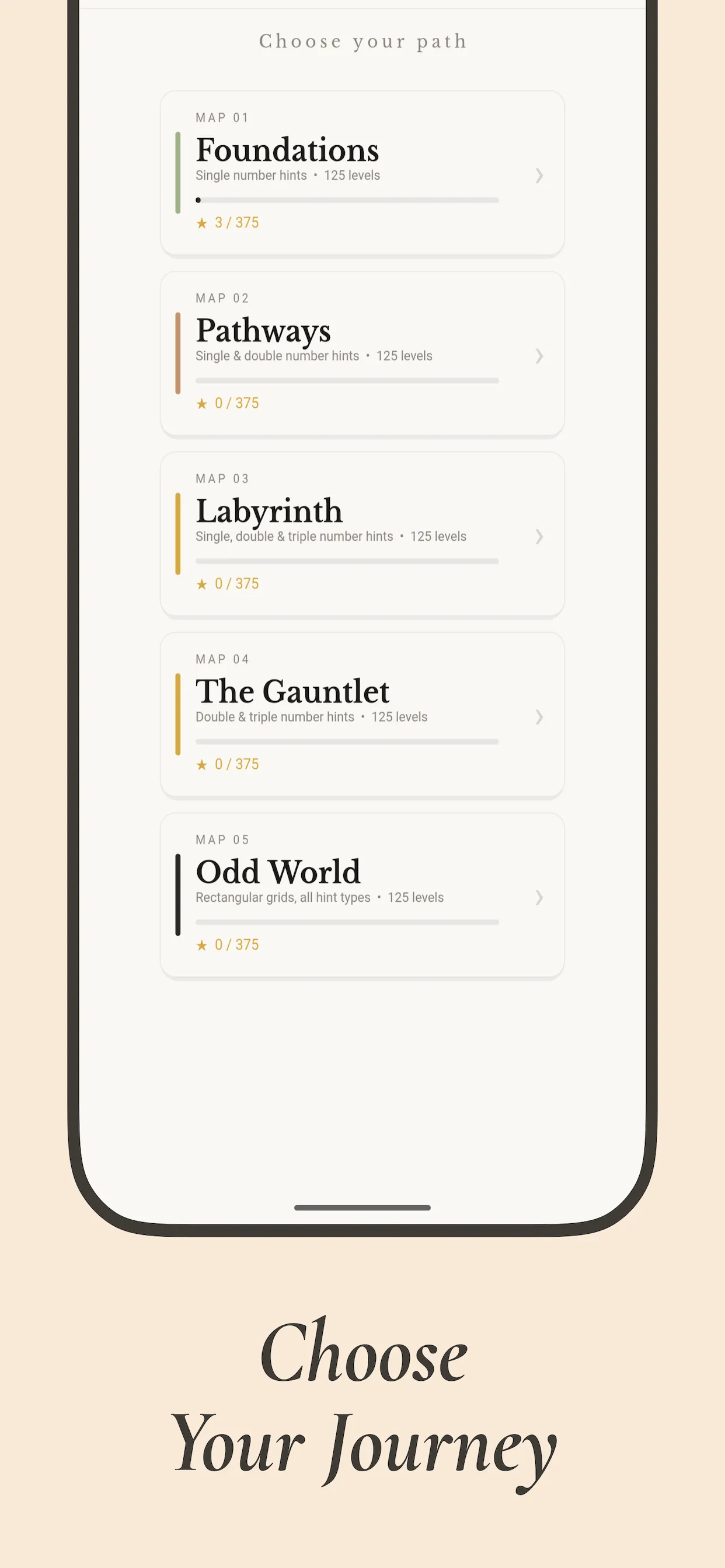 Muros's map screen listing chapters such as Foundations, Pathways and Labyrinth with star counts