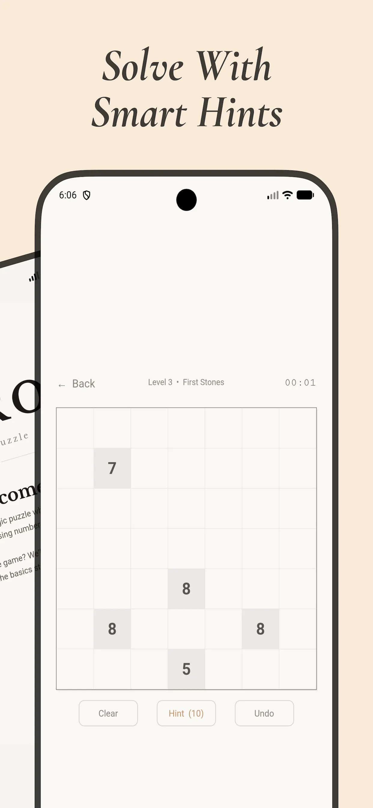 An early Muros level: a 7x7 Tapa grid with clues 7, 8 and 5 and a hint button