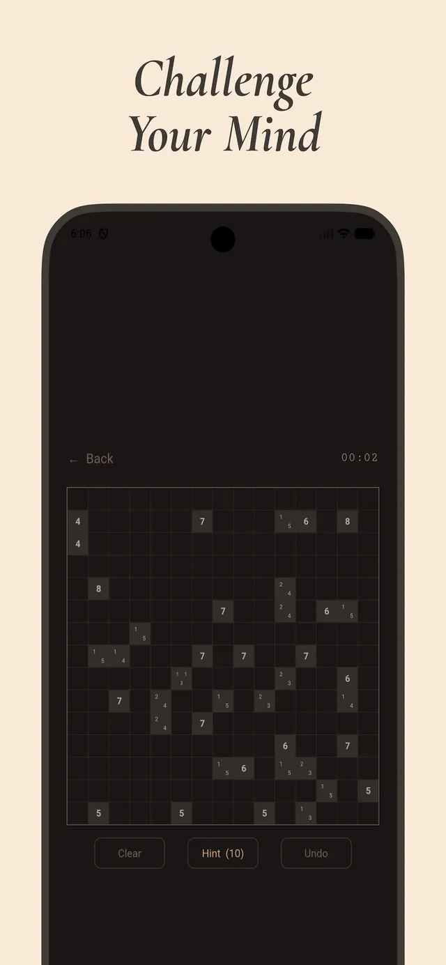 A Muros 15x15 daily Tapa grid in dark mode, scattered with number clues, with Clear, Hint and Undo buttons