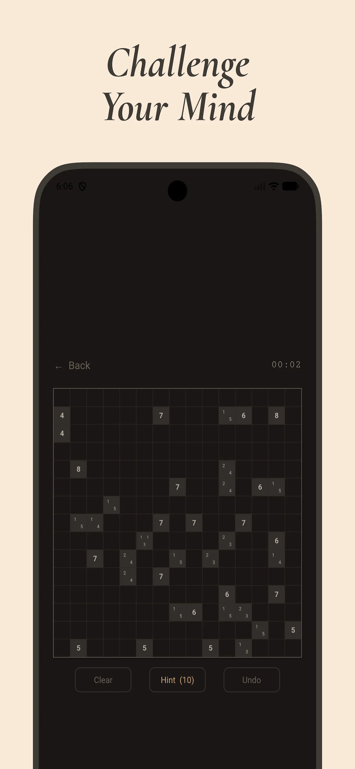A Muros 15x15 daily Tapa grid in dark mode, scattered with number clues, with Clear, Hint and Undo buttons