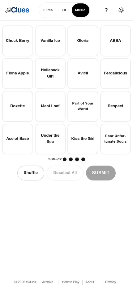 Musiclues at phone size: the four by four board of music tiles fits the screen with the Films, Lit and Music tabs above it