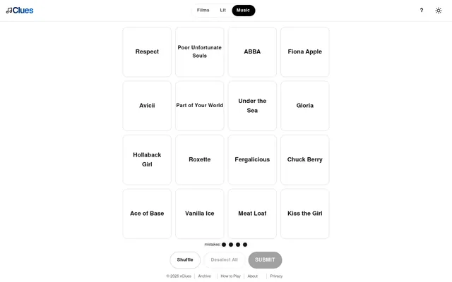Today's Musiclues board on a desktop: sixteen white tiles such as Respect, ABBA, Under the Sea and Chuck Berry, four mistake dots, and Shuffle, Deselect All and Submit buttons
