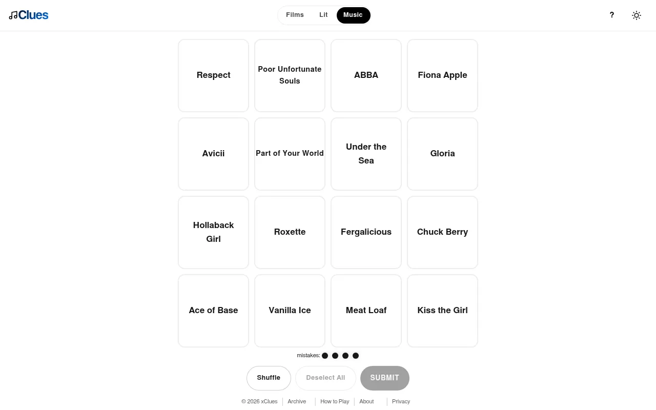 Today's Musiclues board on a desktop: sixteen white tiles such as Respect, ABBA, Under the Sea and Chuck Berry, four mistake dots, and Shuffle, Deselect All and Submit buttons