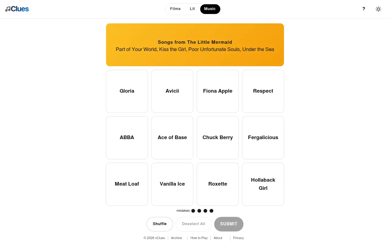 Musiclues with one group solved: a yellow bar reading Songs from The Little Mermaid above the twelve tiles still to sort