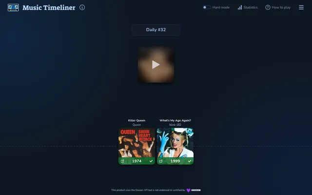 Music Timeliner Daily #32: a blurred cover with a play button above a timeline holding Killer Queen by Queen (1974) and What's My Age Again? by blink-182 (1999)