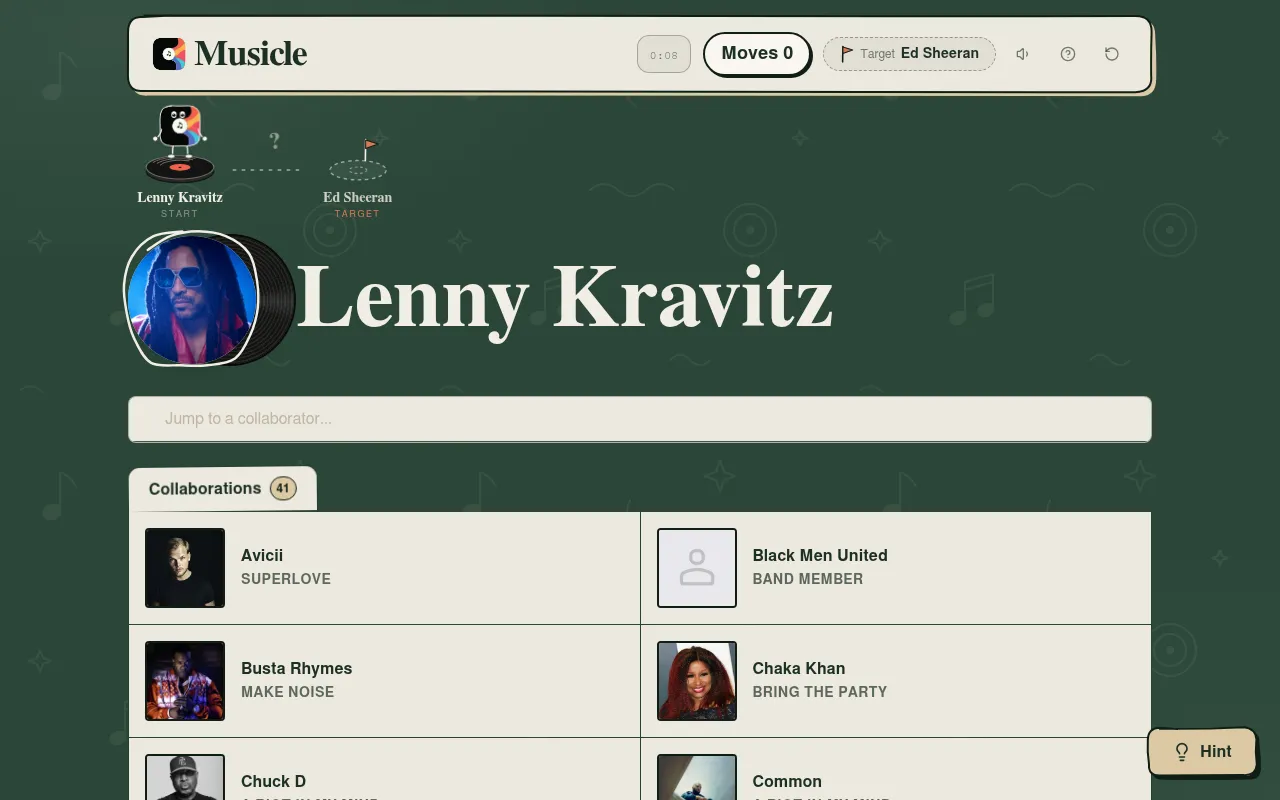 Today's Musicle board: start Lenny Kravitz, target Ed Sheeran, move counter and timer, and his collaborators Avicii, Busta Rhymes and Chaka Khan with the linking songs