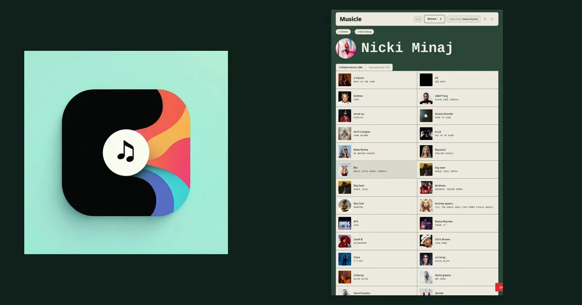 Musicle share image: its app icon beside a game screen listing Nicki Minaj's collaborations