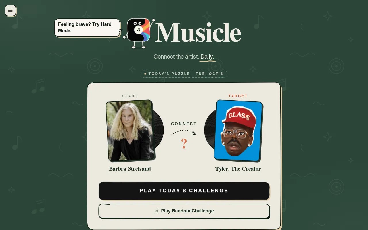 Musicle's daily puzzle card: start artist Barbra Streisand, target Tyler, The Creator, and the Play Today's Challenge button