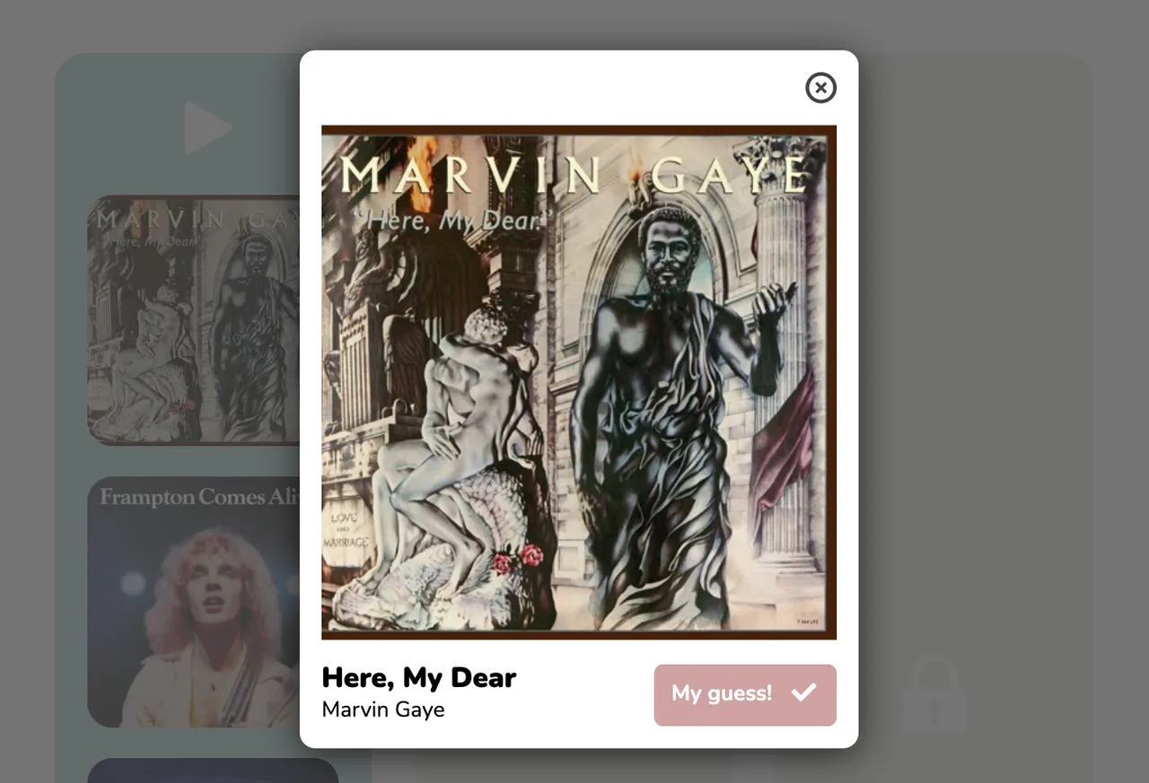 A Musicle album card for Here, My Dear by Marvin Gaye with the My guess button