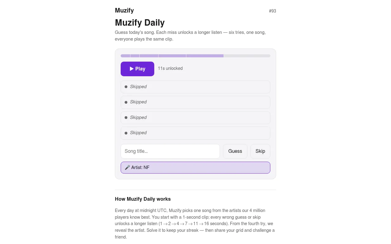 Muzify Daily puzzle #93 after four skips: 11 seconds of the clip unlocked and the artist hint shown below the guess box
