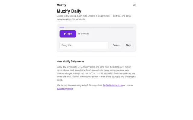 Muzify Daily puzzle #80: the clip progress bar with 1s unlocked, a Play button and a song title box with Guess and Skip, above the rules