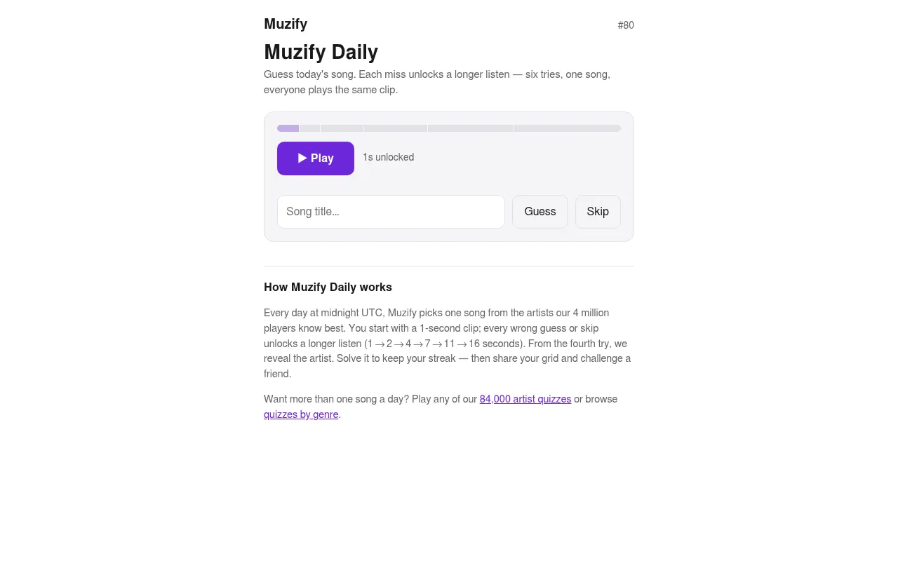 Muzify Daily puzzle #80: the clip progress bar with 1s unlocked, a Play button and a song title box with Guess and Skip, above the rules