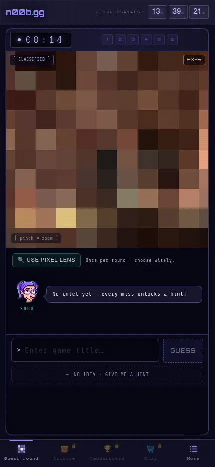 n00b.gg on a phone: a pixelated video game screenshot filling the screen above the pixel lens, the SUDO hint helper and the guess field