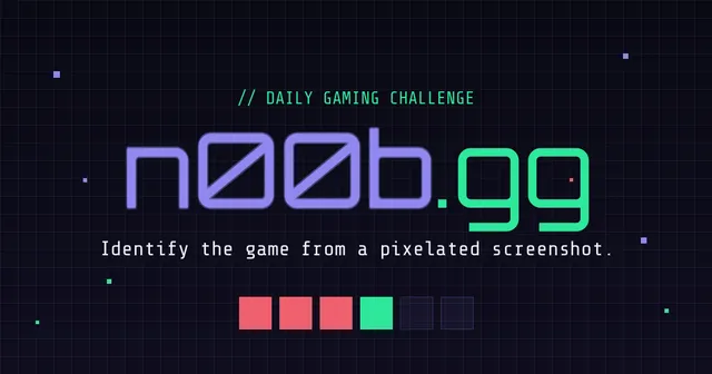 n00b.gg share card: Daily gaming challenge, Identify the game from a pixelated screenshot, with a six-square result row