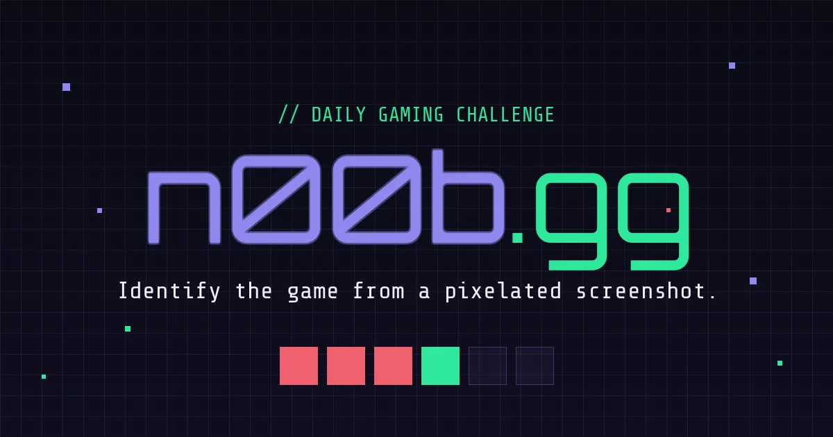 n00b.gg share card: Daily gaming challenge, Identify the game from a pixelated screenshot, with a six-square result row