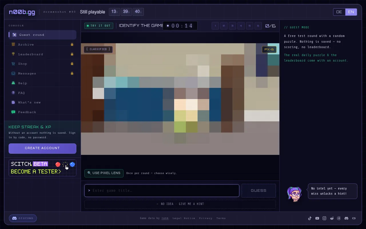 n00b.gg at desktop size: a guest round's video game screenshot under large pixel blocks, six try boxes, the pixel lens button and the guess field
