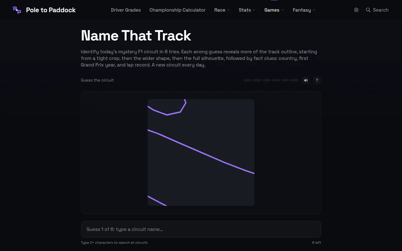 An earlier Name That Track puzzle: a cropped purple outline of a mystery Formula 1 circuit above the guess box, with 6 guesses left