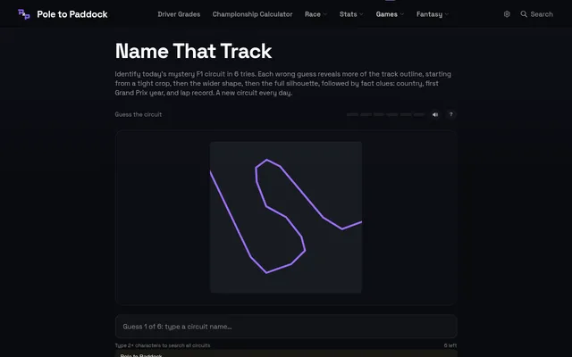 Name That Track on 19 Oct 2026 at desktop size: a tight purple crop of the day's mystery F1 circuit outline above the guess box, 6 guesses left