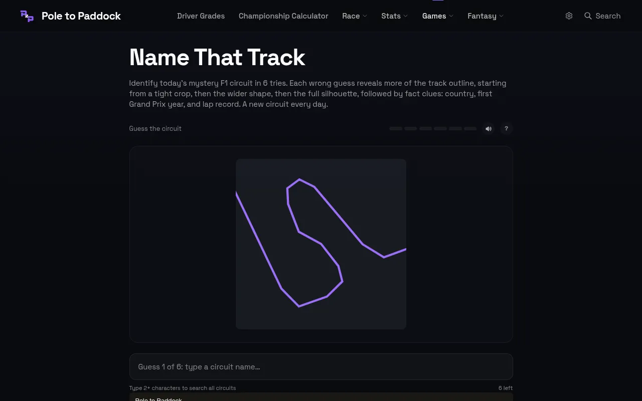 Name That Track on 19 Oct 2026 at desktop size: a tight purple crop of the day's mystery F1 circuit outline above the guess box, 6 guesses left
