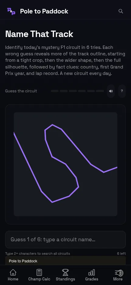 Name That Track on a phone: the cropped purple outline of the day's F1 circuit fills the width above the guess box