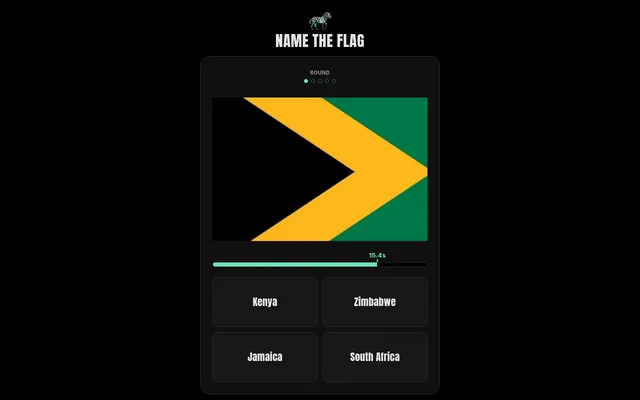 Name the Flag round 1 of 5: a zoomed-in flag with black, gold and green bands, a timer bar at 15.4 seconds and four country options